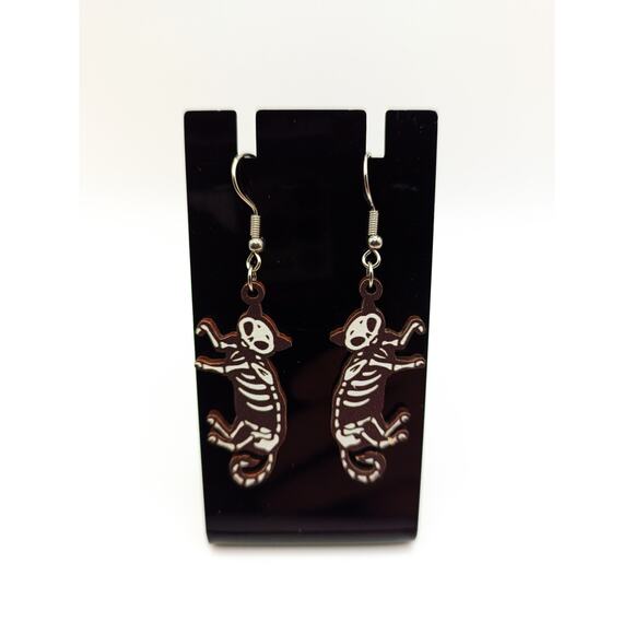 Skeleton Cat Earrings | Lightweight Wooden Dangle Earrings | Spooky Cute | New - Picture 1 of 2